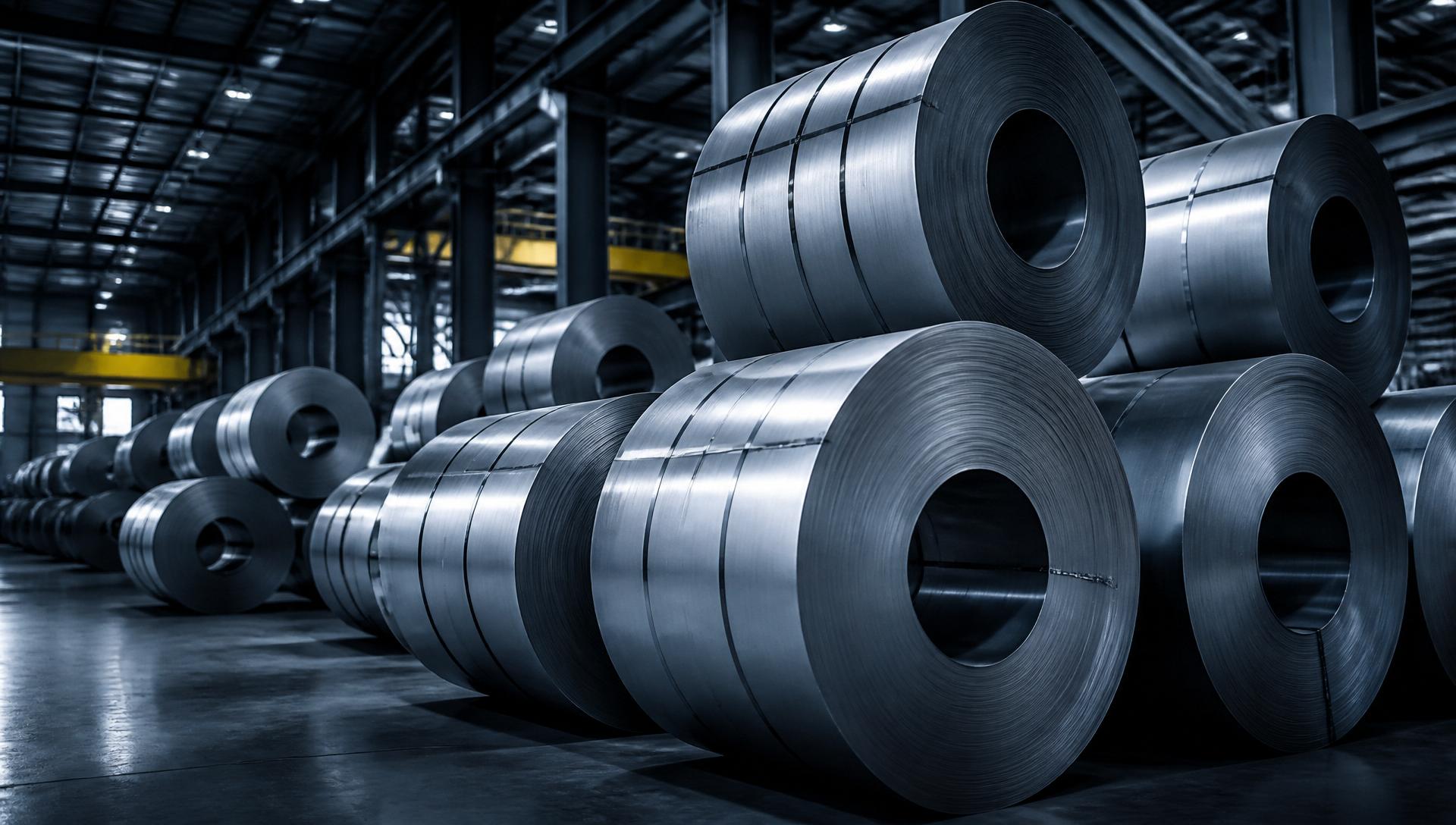Stacked stainless steel coils in an industrial warehouse