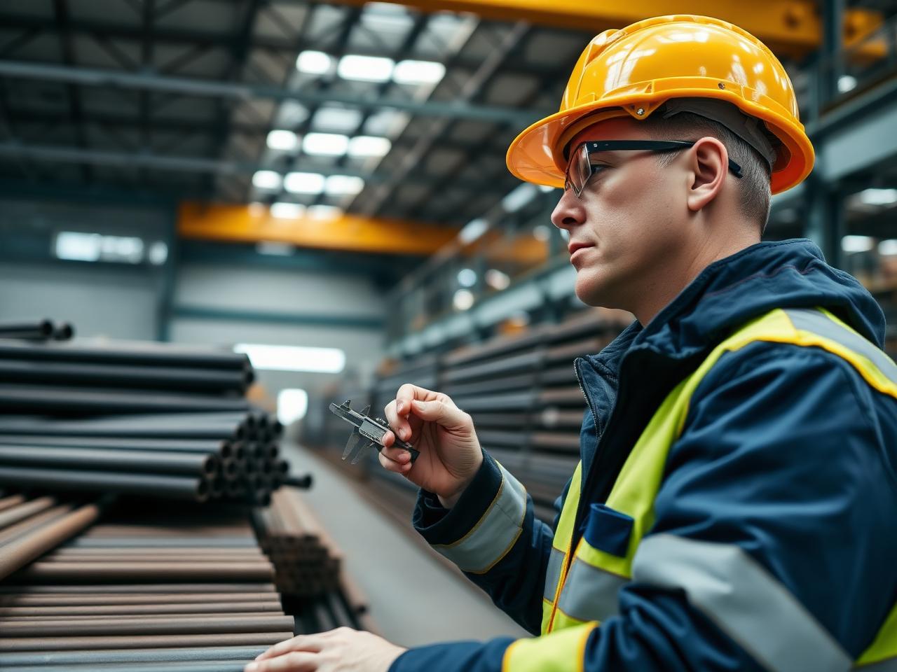 Engineer inspecting steel pipes with calipers